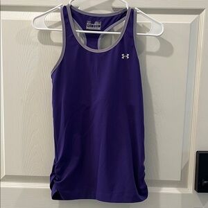 Under Armour Women Purple Athletic Racerback Fitted Heatgear Tank Gray Trim S